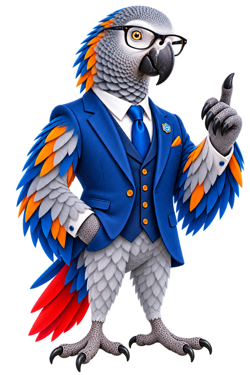 Mr. Parrot, your research guide, wearing glasses and a blue suit