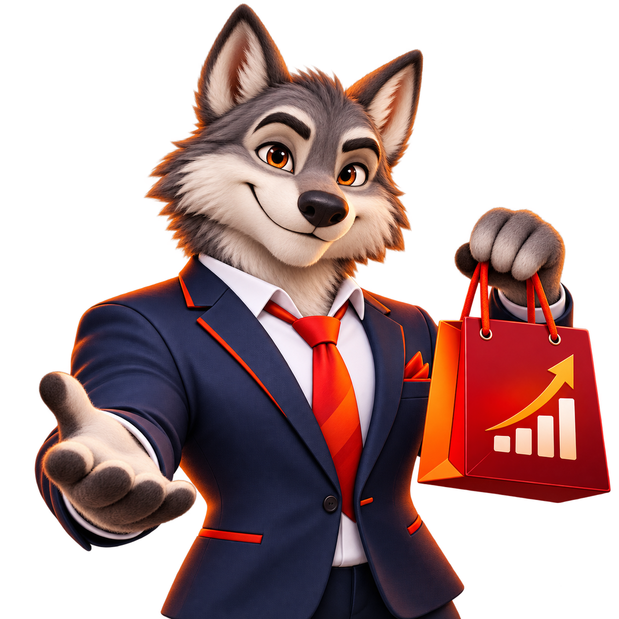 Mr. Wolf welcoming you with a shopping bag